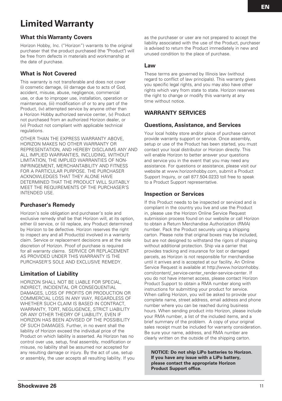 Limited warranty, Shockwave 26, What this warranty covers | What is not covered, Purchaser's remedy, Limitation of liability, Inspection or services | Pro Boat PRB0650 User Manual | Page 11 / 56