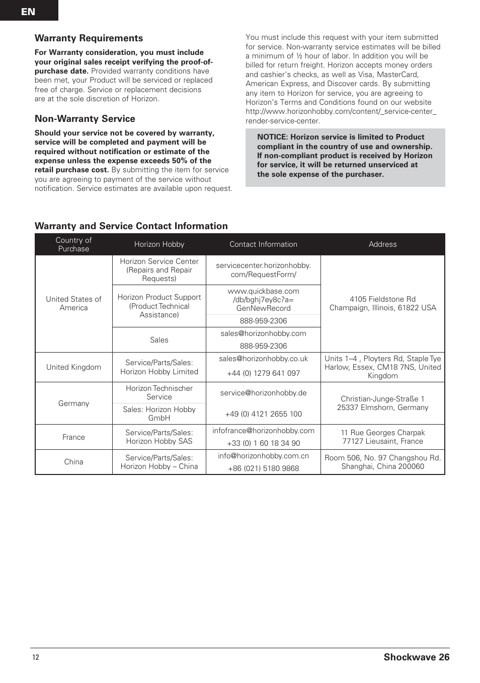 Shockwave 26 warranty requirements, Non-warranty service, Warranty and service contact information | Pro Boat PRB0650 User Manual | Page 12 / 56