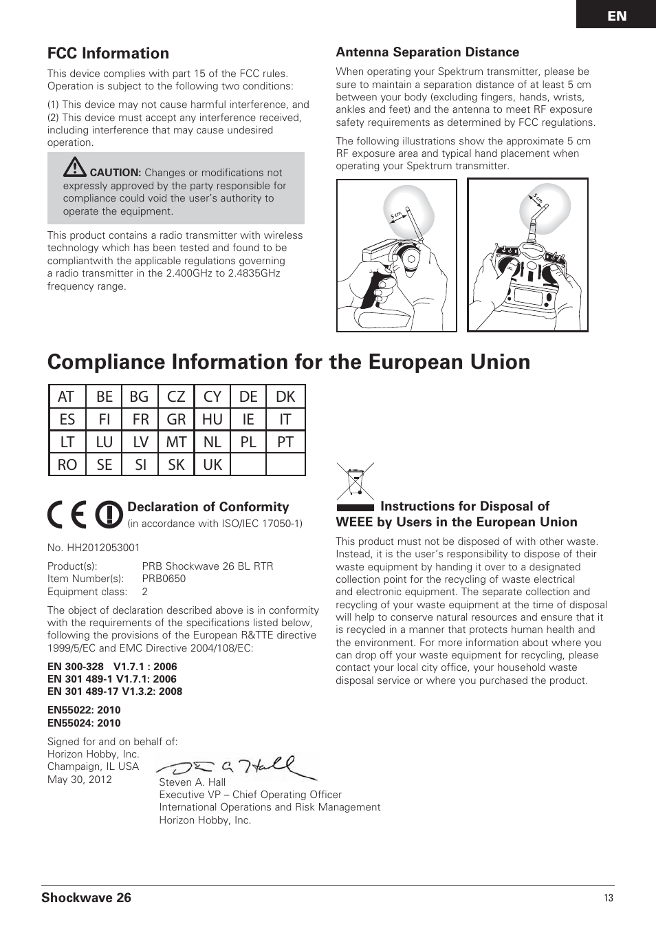 Compliance information for the european union, Fcc information | Pro Boat PRB0650 User Manual | Page 13 / 56