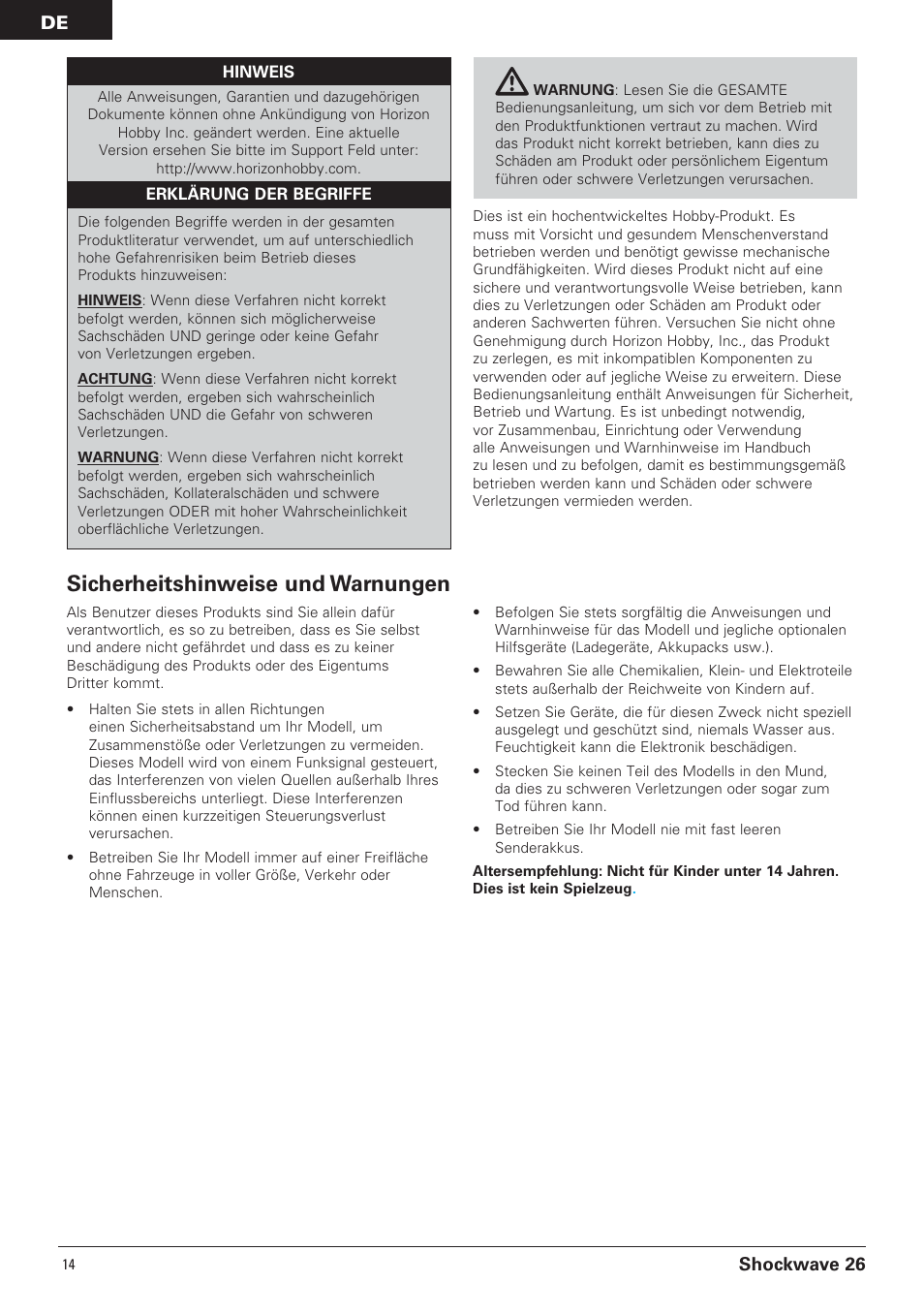 Sicherheitshinweise und warnungen, Shockwave 26 | Pro Boat PRB0650 User Manual | Page 14 / 56