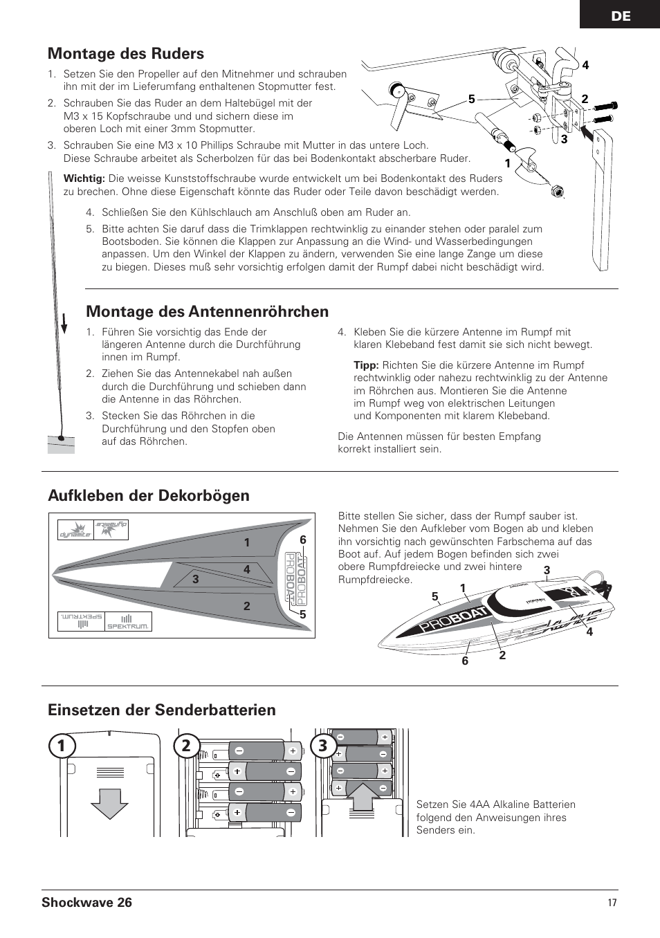 Einsetzen der senderbatterien, Aufkleben der dekorbögen, Montage des ruders | Montage des antennenröhrchen | Pro Boat PRB0650 User Manual | Page 17 / 56