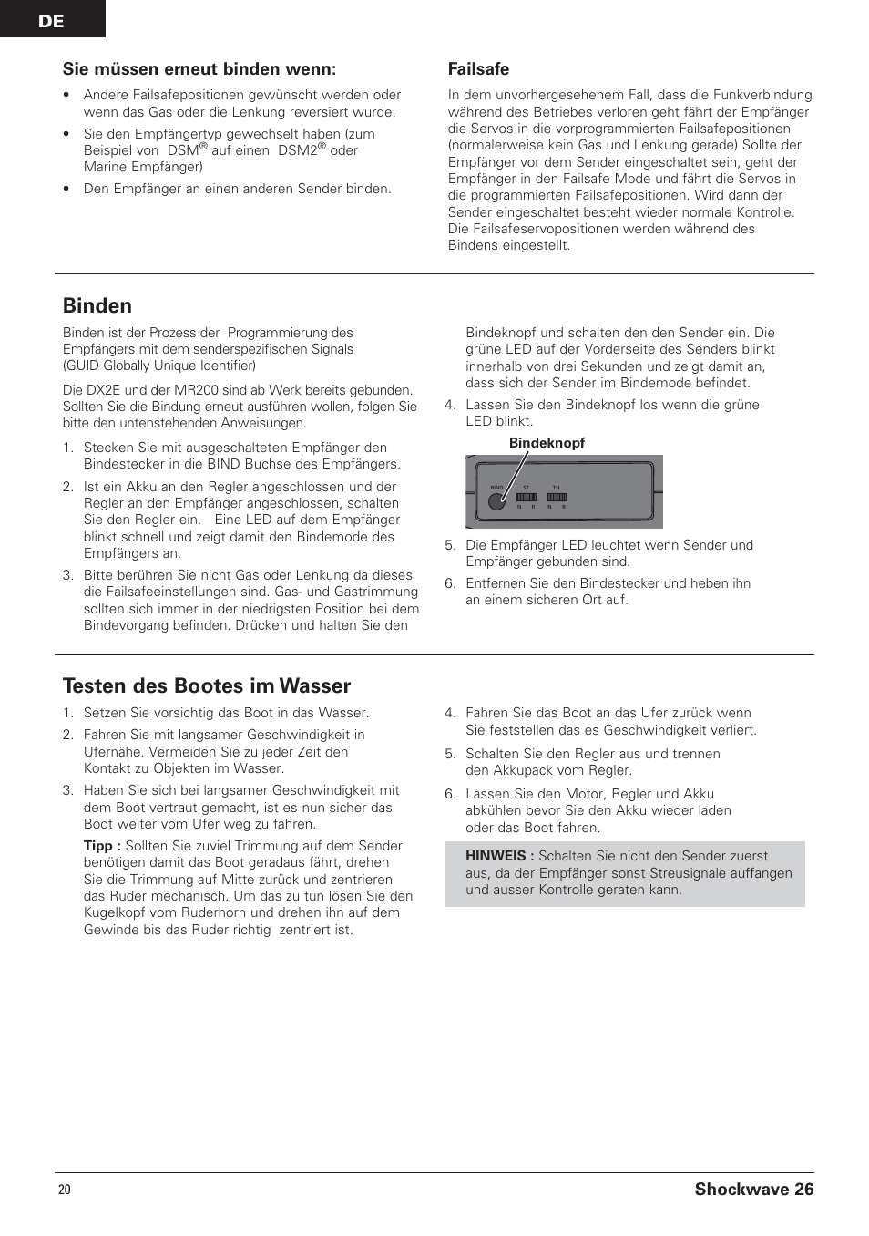 Testen des bootes im wasser, Binden, Shockwave 26 | Sie müssen erneut binden wenn, Failsafe | Pro Boat PRB0650 User Manual | Page 20 / 56