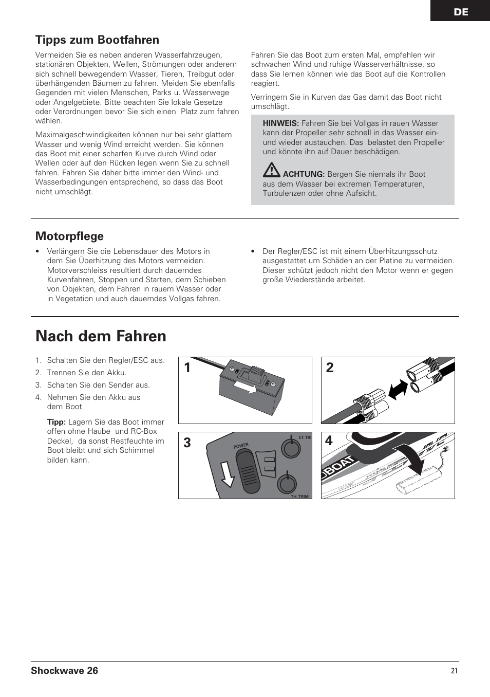 Nach dem fahren, Motorpflege, Tipps zum bootfahren | Pro Boat PRB0650 User Manual | Page 21 / 56