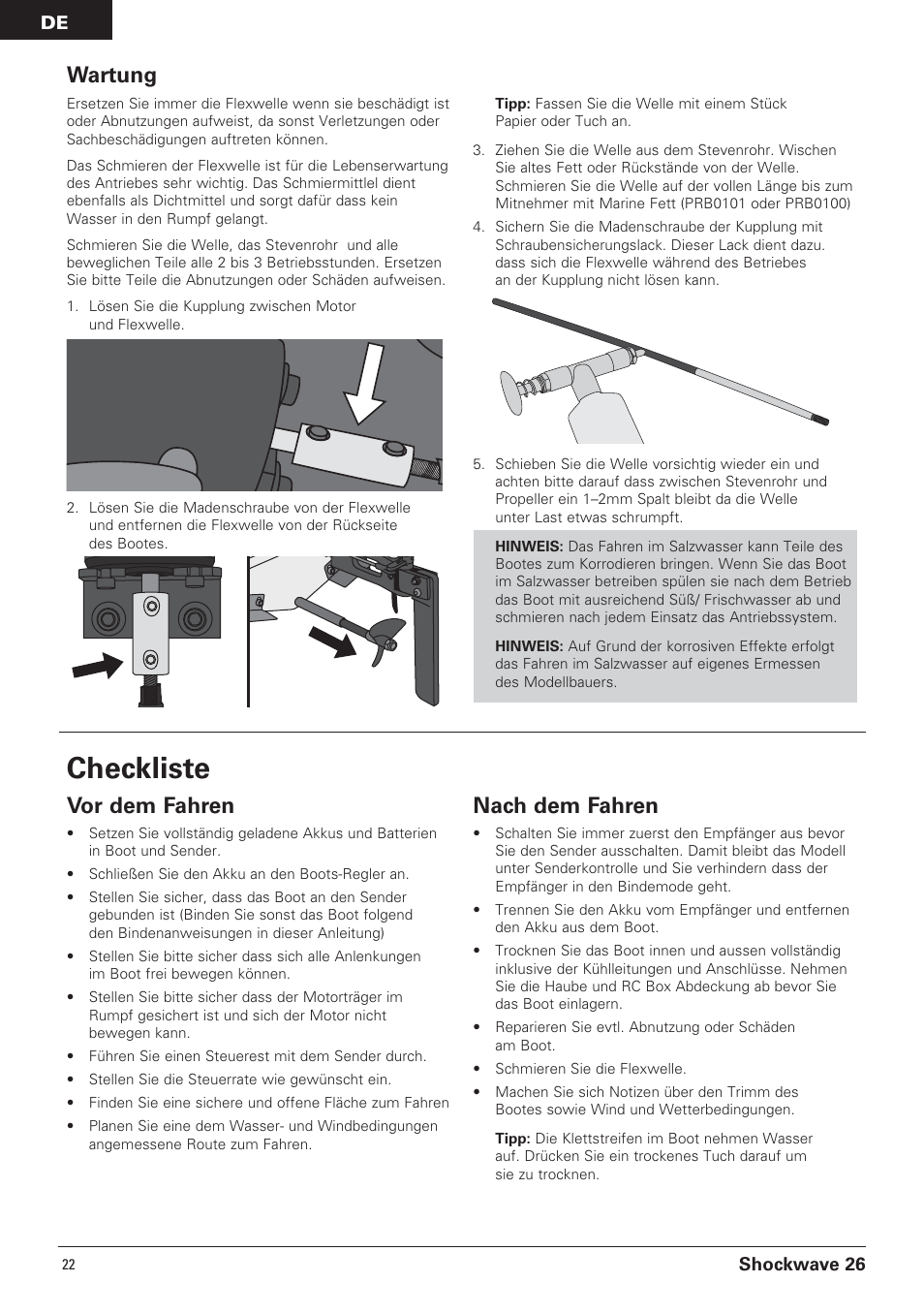 Checkliste, Wartung, Vor dem fahren | Nach dem fahren | Pro Boat PRB0650 User Manual | Page 22 / 56