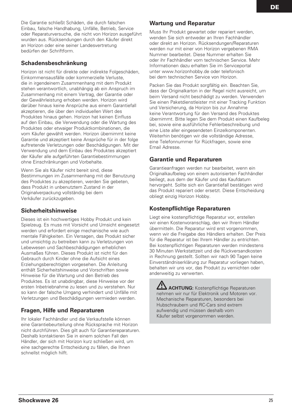 Shockwave 26, Schadensbeschränkung, Sicherheitshinweise | Fragen, hilfe und reparaturen, Wartung und reparatur, Garantie und reparaturen, Kostenpflichtige reparaturen | Pro Boat PRB0650 User Manual | Page 25 / 56