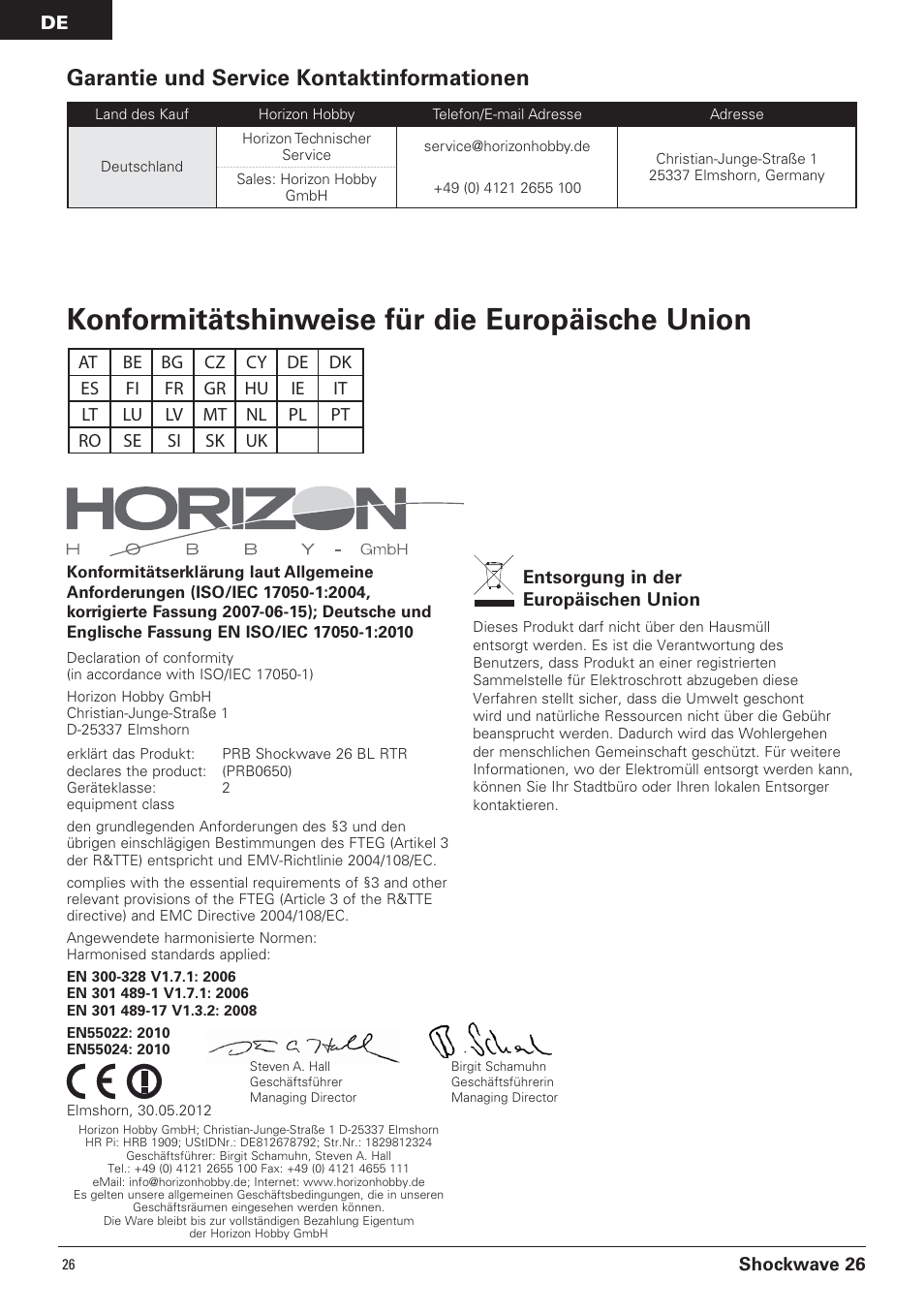 Konformitätshinweise für die europäische union, Garantie und service kontaktinformationen, Shockwave 26 | Entsorgung in der europäischen union | Pro Boat PRB0650 User Manual | Page 26 / 56