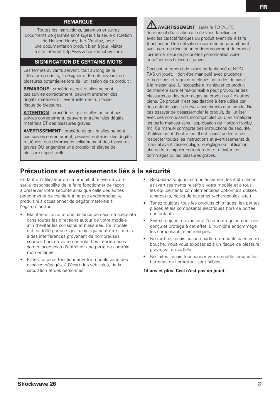 Précautions et avertissements liés à la sécurité, Shockwave 26 | Pro Boat PRB0650 User Manual | Page 27 / 56