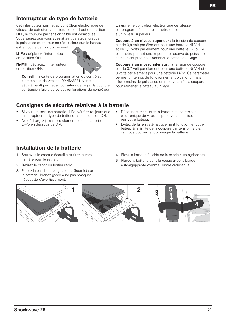 Installation de la batterie, Interrupteur de type de batterie, Consignes de sécurité relatives à la batterie | Pro Boat PRB0650 User Manual | Page 29 / 56