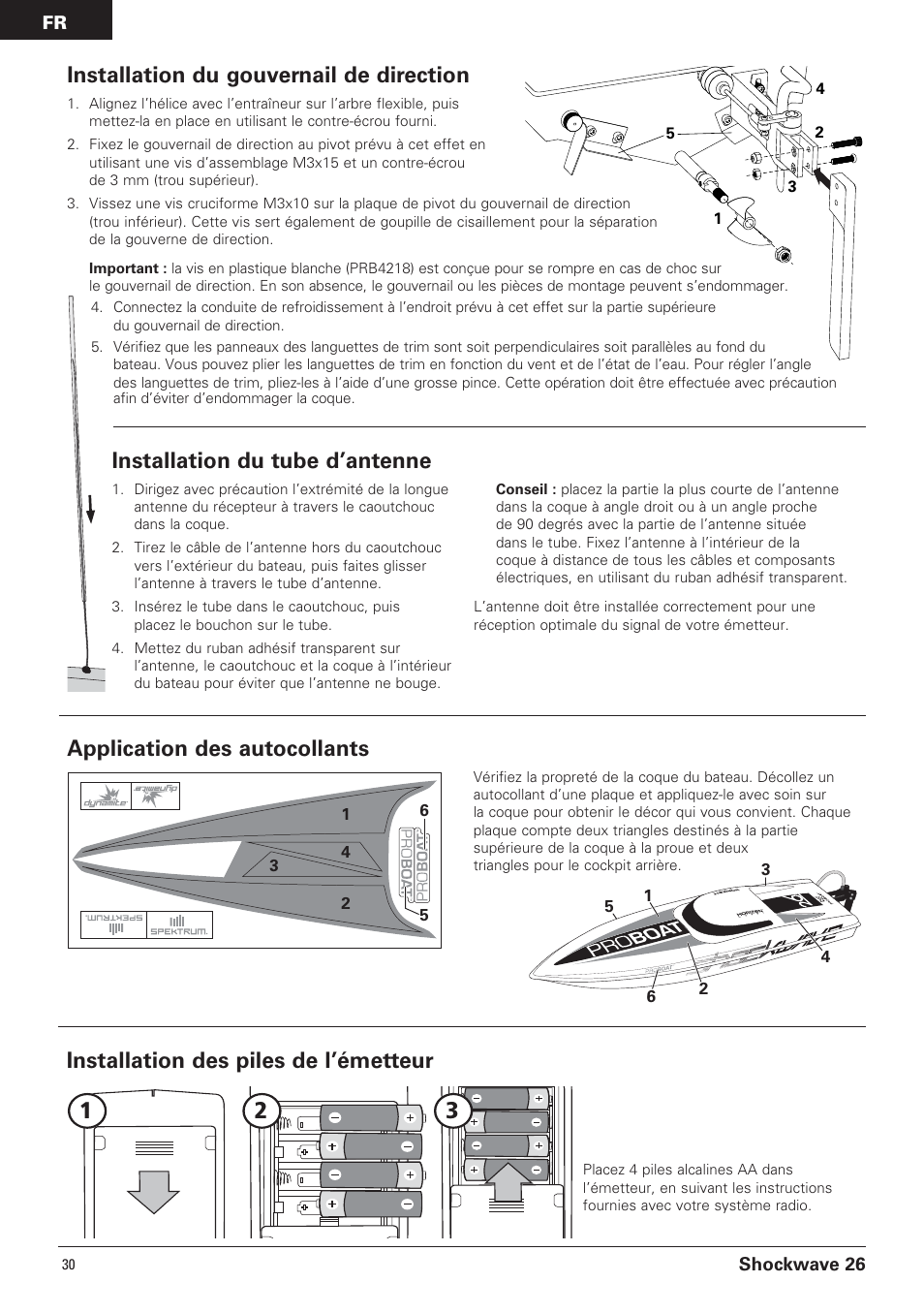 Installation des piles de l’émetteur, Application des autocollants, Installation du gouvernail de direction | Installation du tube d’antenne | Pro Boat PRB0650 User Manual | Page 30 / 56