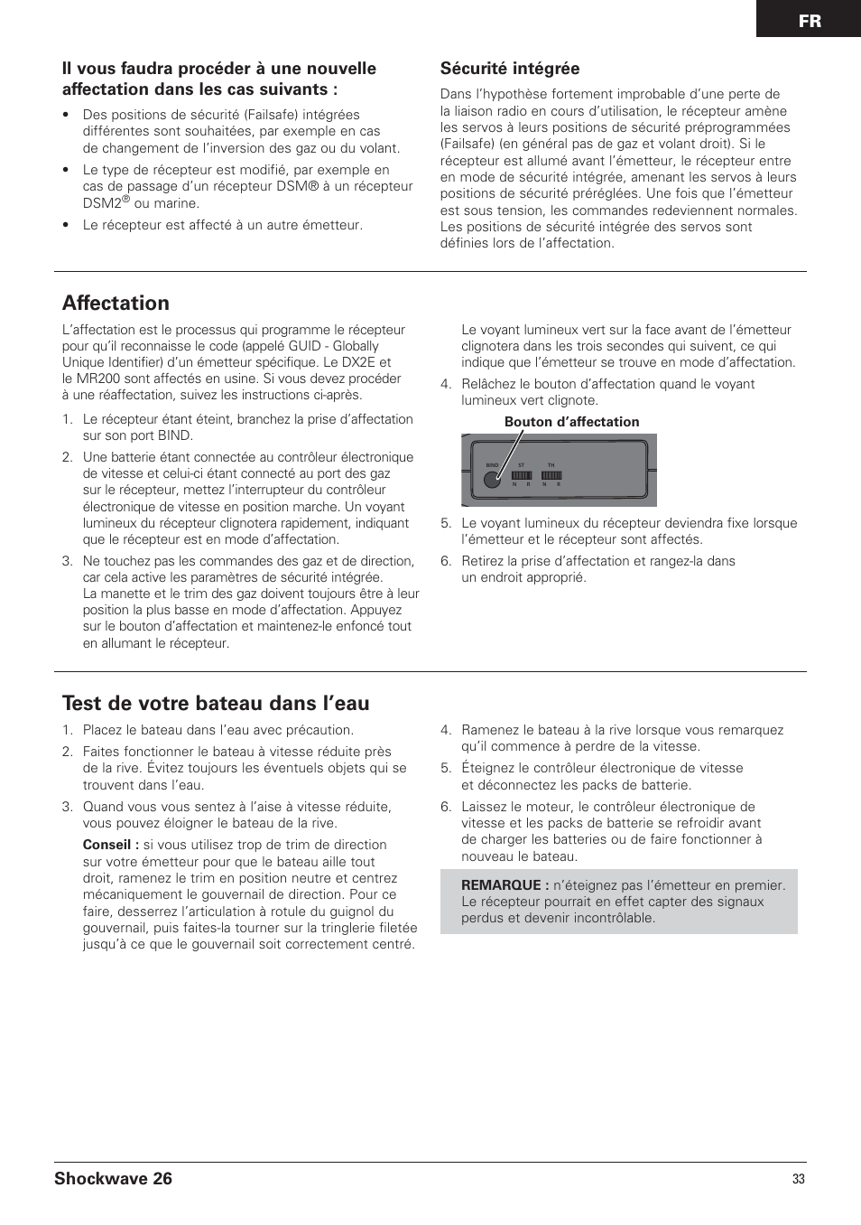 Test de votre bateau dans l’eau, Affectation, Shockwave 26 | Sécurité intégrée | Pro Boat PRB0650 User Manual | Page 33 / 56