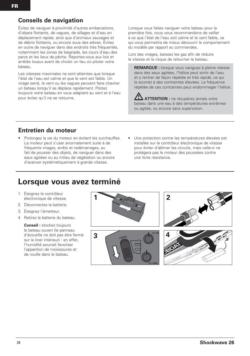 Lorsque vous avez terminé, Entretien du moteur, Conseils de navigation | Pro Boat PRB0650 User Manual | Page 34 / 56