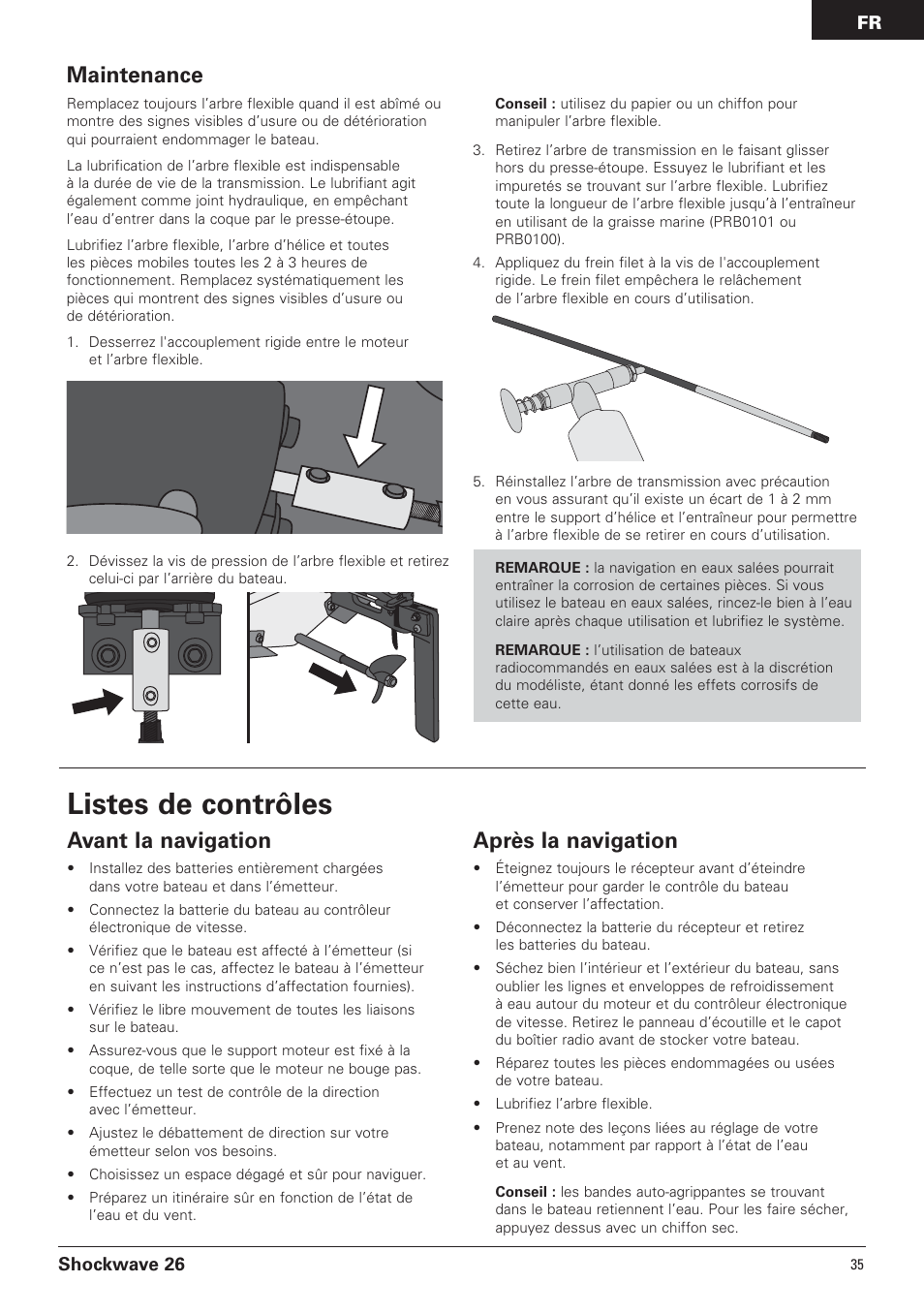 Listes de contrôles, Maintenance, Avant la navigation | Après la navigation | Pro Boat PRB0650 User Manual | Page 35 / 56