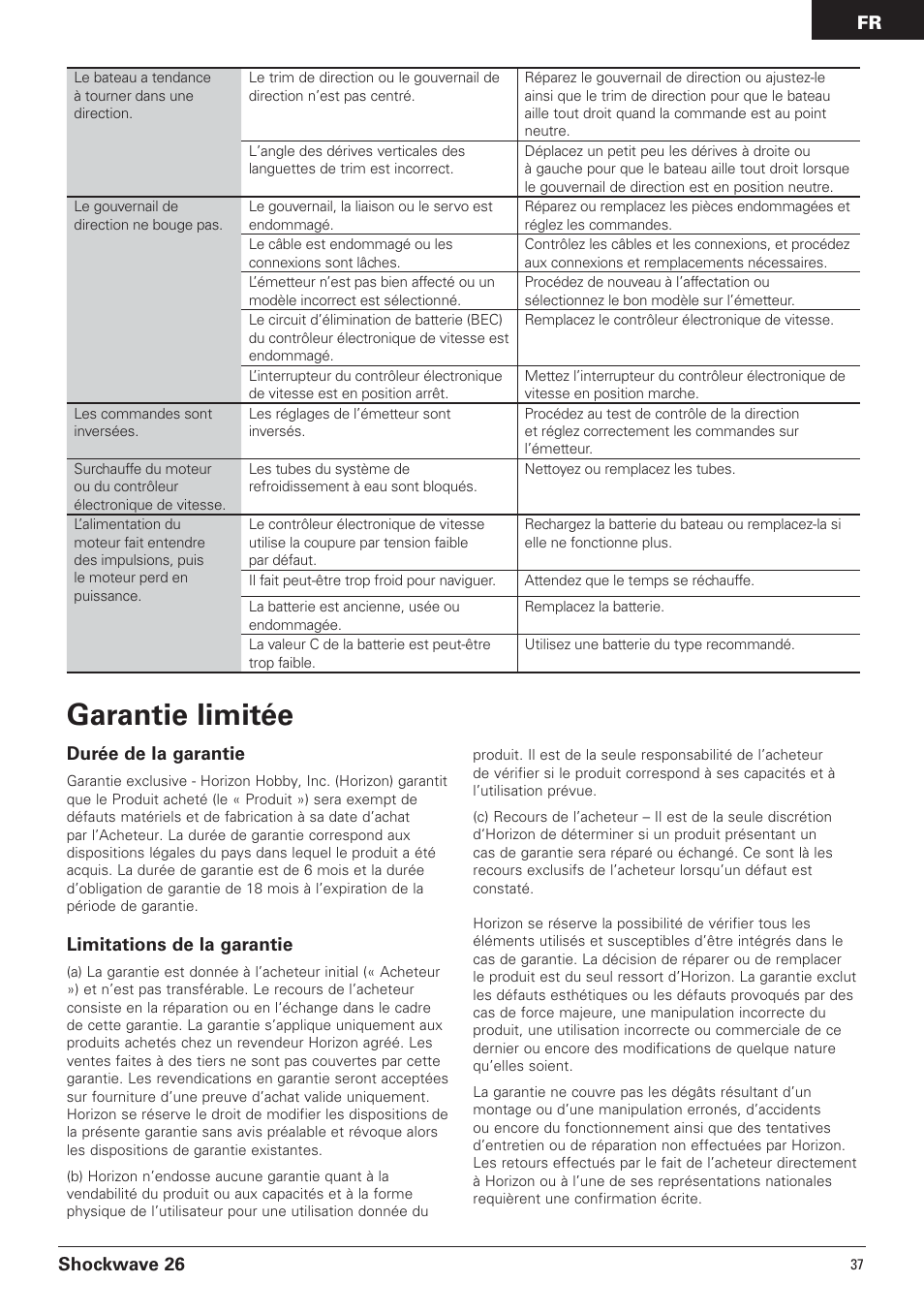 Garantie limitée, Shockwave 26, Durée de la garantie | Limitations de la garantie | Pro Boat PRB0650 User Manual | Page 37 / 56