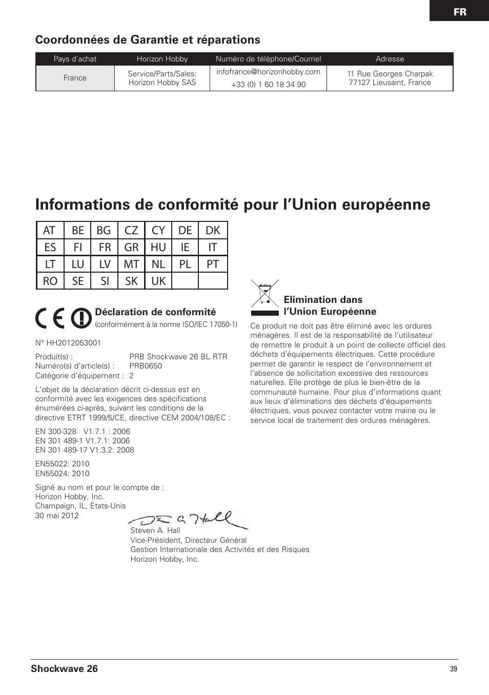 Informations de conformité pour l’union européenne, Coordonnées de garantie et réparations | Pro Boat PRB0650 User Manual | Page 39 / 56