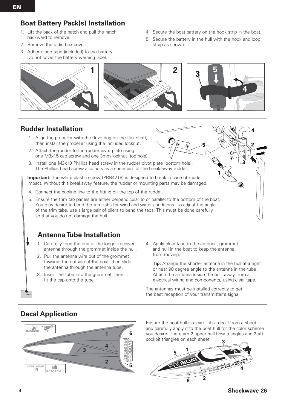 Rudder installation, Decal application, Boat battery pack(s) installation | Antenna tube installation | Pro Boat PRB0650 User Manual | Page 4 / 56