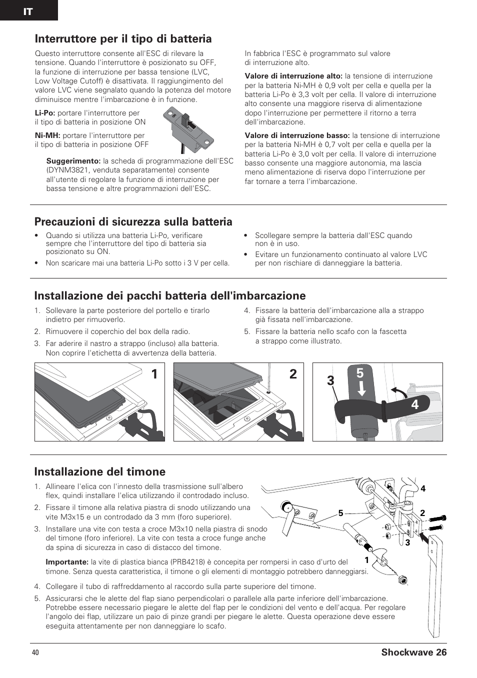 Precauzioni di sicurezza sulla batteria, Interruttore per il tipo di batteria | Pro Boat PRB0650 User Manual | Page 42 / 56