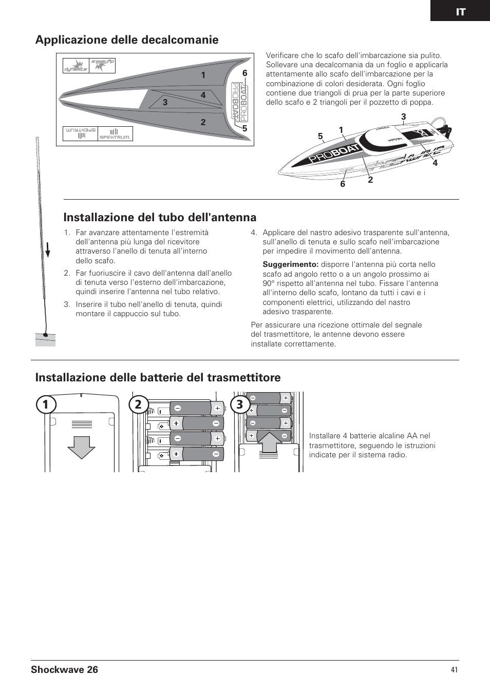 Installazione delle batterie del trasmettitore, Applicazione delle decalcomanie, Installazione del tubo dell'antenna | Pro Boat PRB0650 User Manual | Page 43 / 56