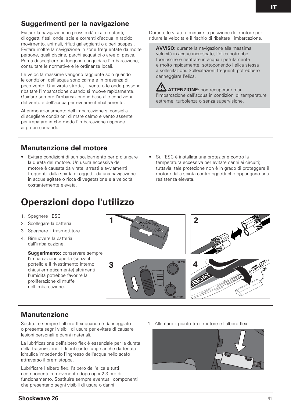 Operazioni dopo l'utilizzo, Manutenzione, Manutenzione del motore | Suggerimenti per la navigazione | Pro Boat PRB0650 User Manual | Page 47 / 56