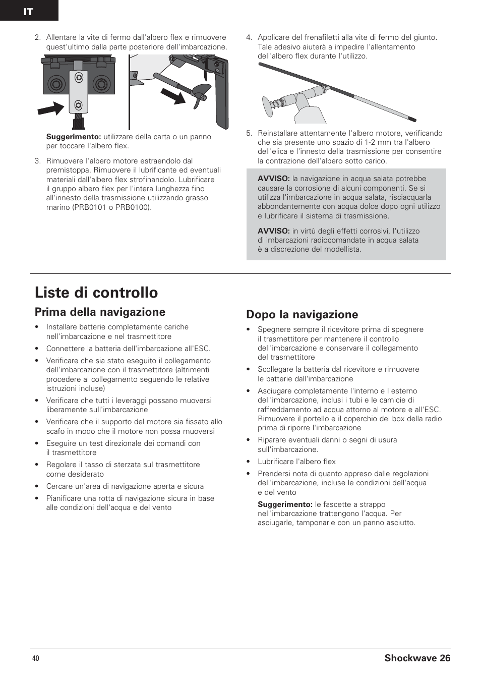 Liste di controllo, Prima della navigazione, Dopo la navigazione | Pro Boat PRB0650 User Manual | Page 48 / 56