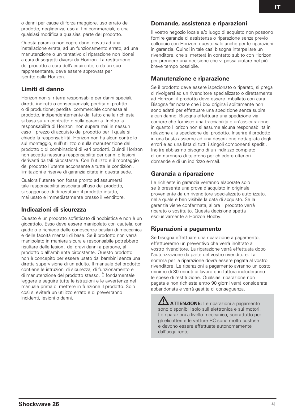 Shockwave 26, Limiti di danno, Indicazioni di sicurezza | Domande, assistenza e riparazioni, Manutenzione e riparazione, Garanzia a riparazione, Riparazioni a pagamento | Pro Boat PRB0650 User Manual | Page 51 / 56