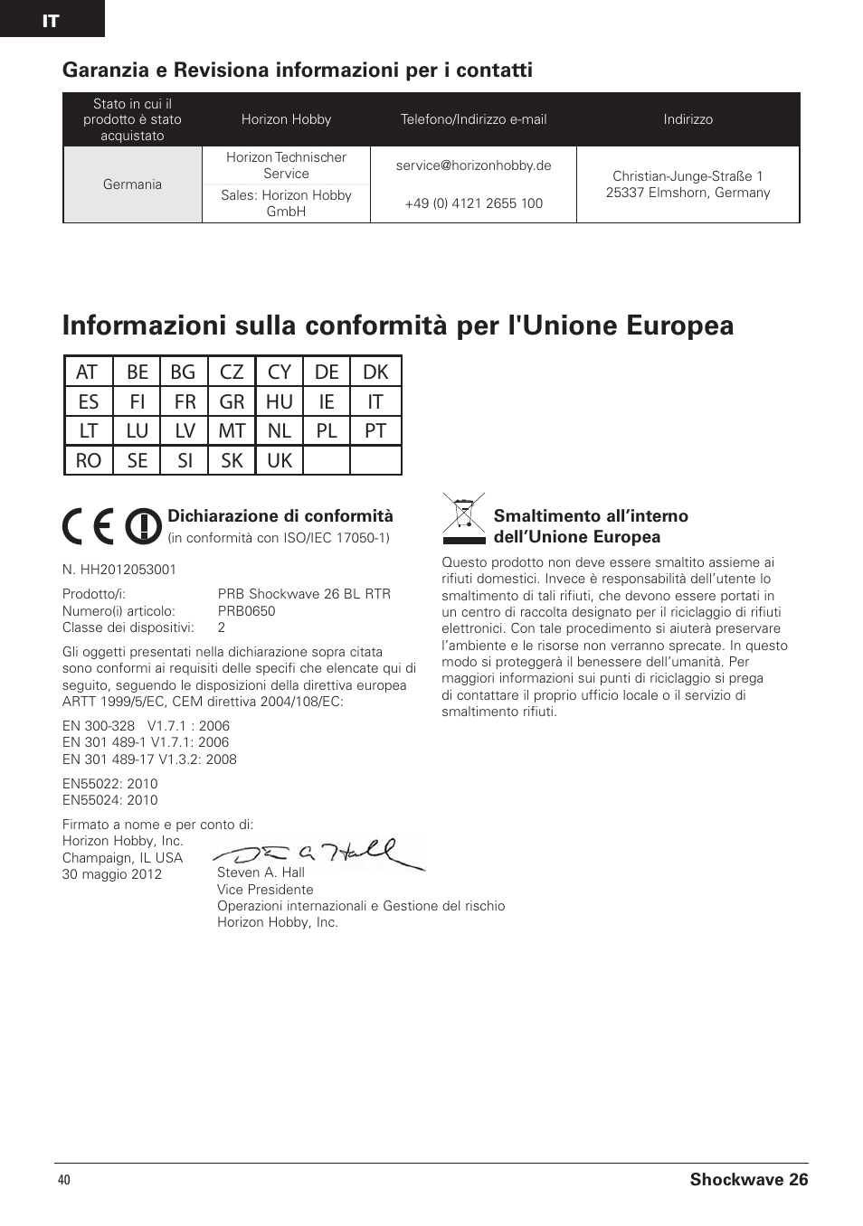Informazioni sulla conformità per l'unione europea, Garanzia e revisiona informazioni per i contatti | Pro Boat PRB0650 User Manual | Page 52 / 56