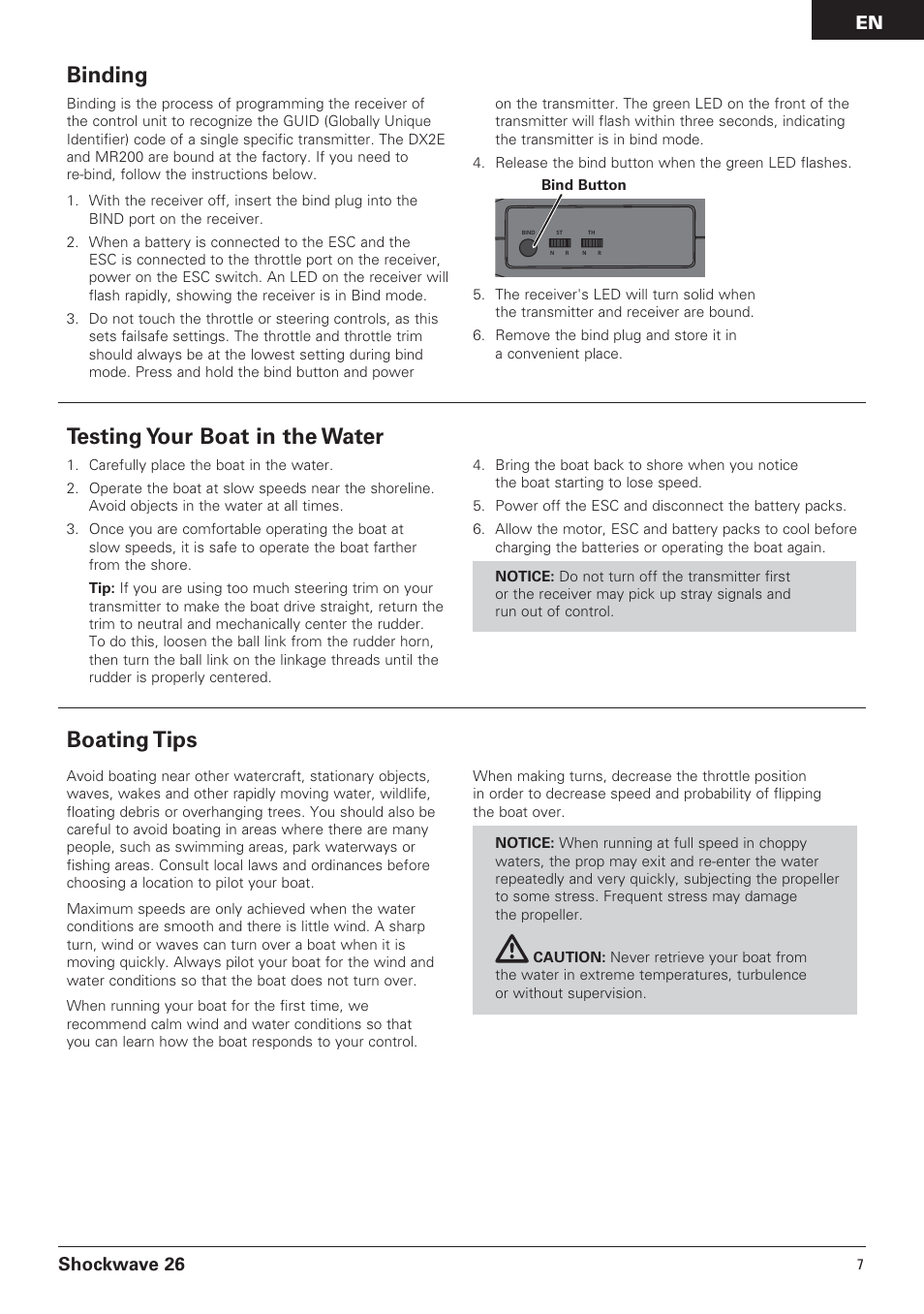 Testing your boat in the water, Boating tips, Binding | Shockwave 26 | Pro Boat PRB0650 User Manual | Page 7 / 56