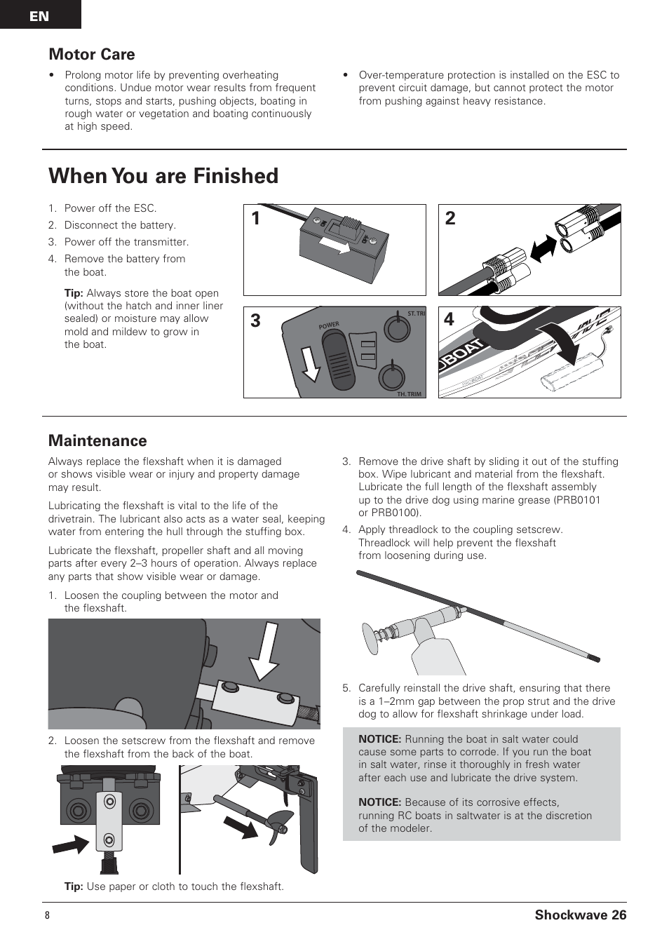 When you are finished, Maintenance, Motor care | Pro Boat PRB0650 User Manual | Page 8 / 56