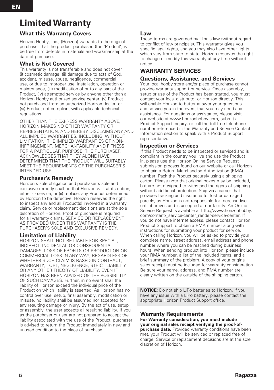 Limited warranty, En ragazza, What this warranty covers | What is not covered, Purchaser’s remedy, Limitation of liability, Inspection or services, Warranty requirements | Pro Boat PRB07000 User Manual | Page 12 / 17