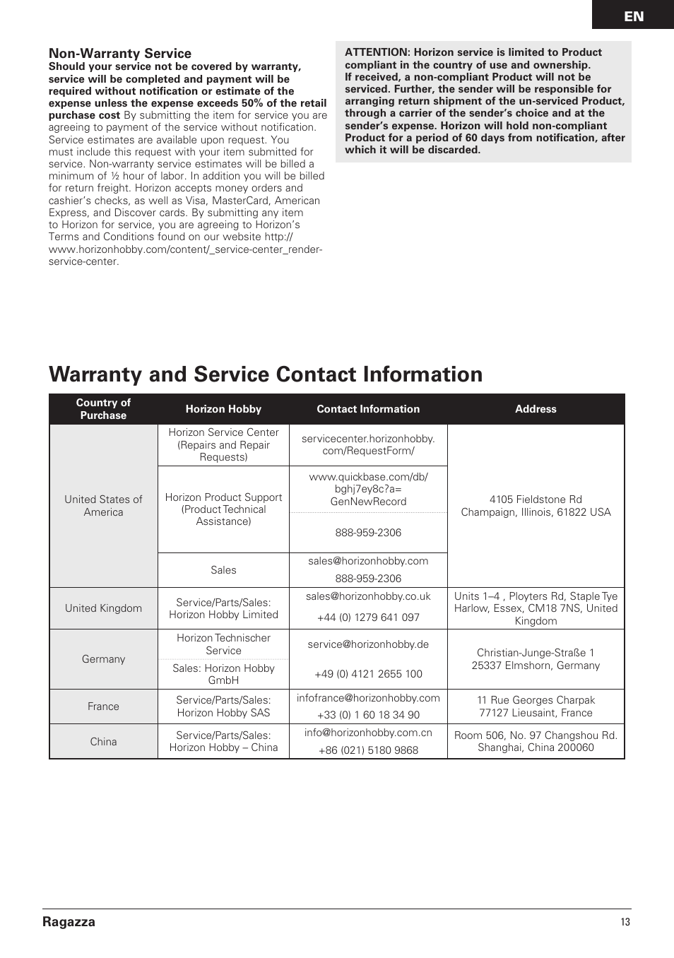 Warranty and service contact information, En ragazza non-warranty service | Pro Boat PRB07000 User Manual | Page 13 / 17