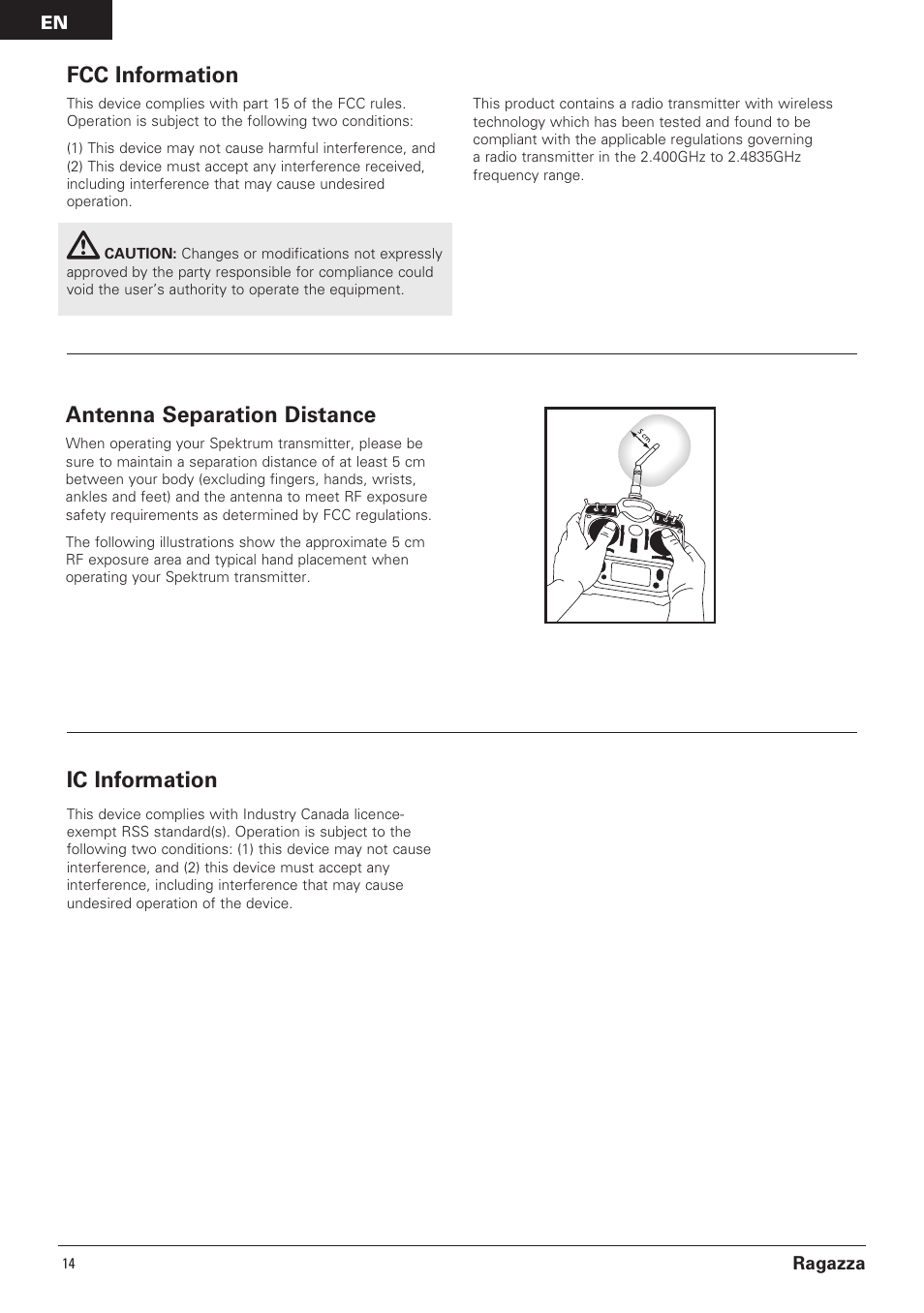 Fcc information, Antenna separation distance, Ic information | Pro Boat PRB07000 User Manual | Page 14 / 17