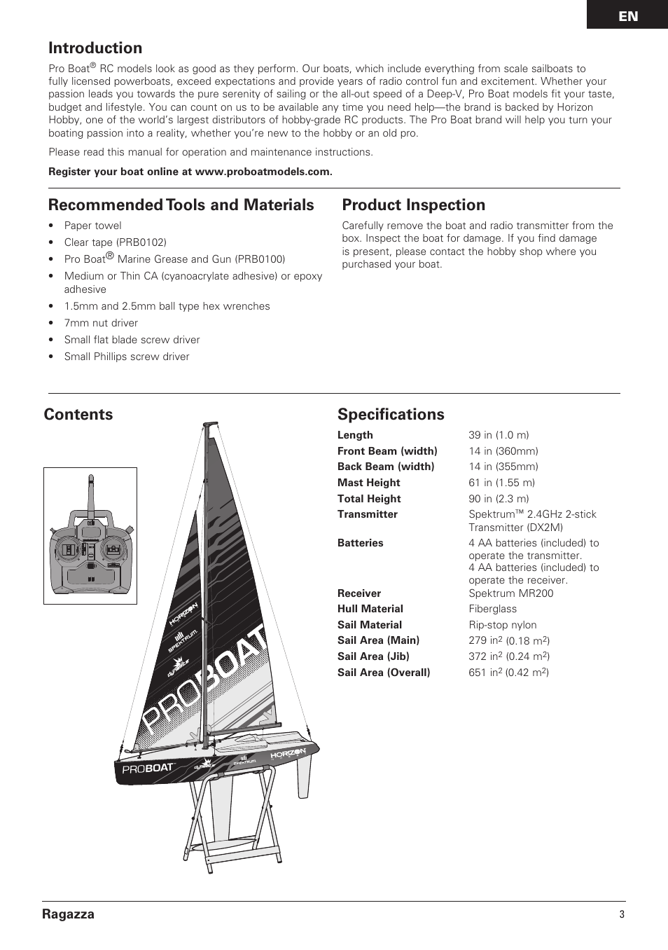 Recommended tools and materials, Product inspection, Introduction | Contents specifications, En ragazza | Pro Boat PRB07000 User Manual | Page 3 / 17