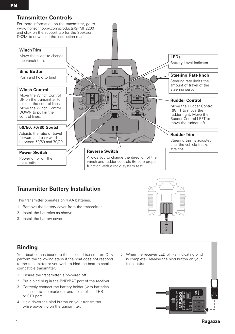 Transmitter battery installation, Transmitter controls, Binding | Pro Boat PRB07000 User Manual | Page 4 / 17