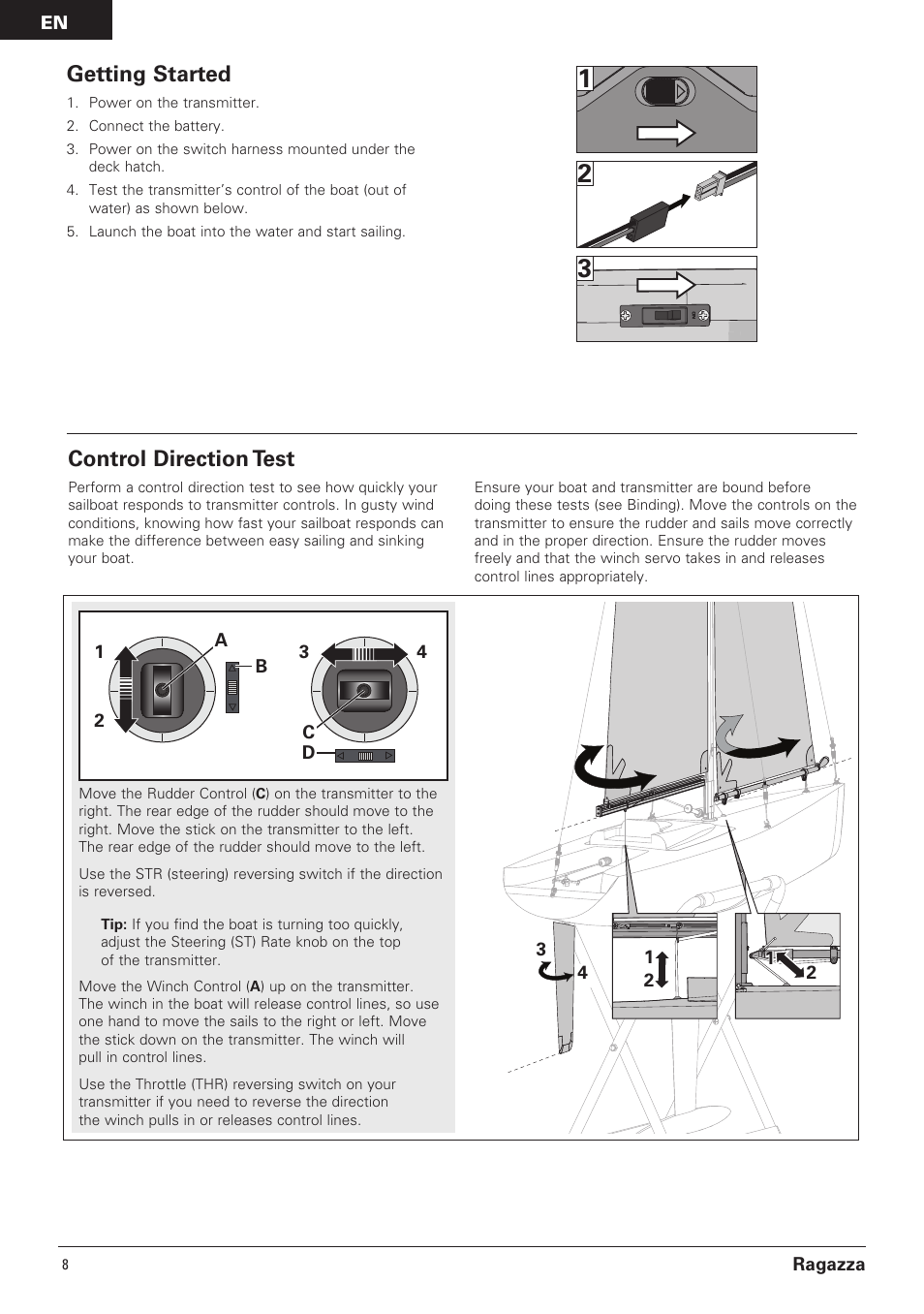 Getting started, Control direction test | Pro Boat PRB07000 User Manual | Page 8 / 17