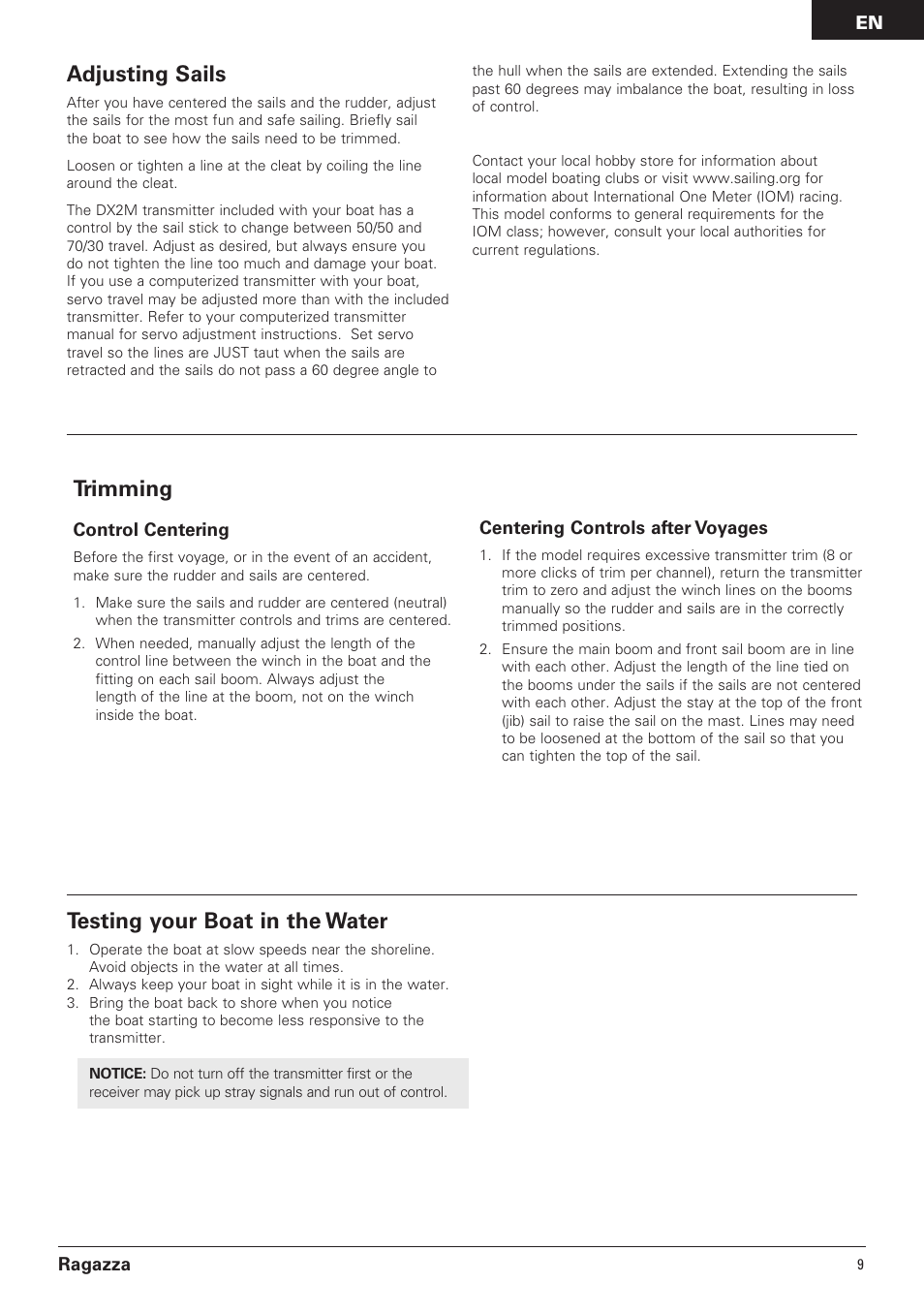 Trimming, Adjusting sails, Testing your boat in the water | Pro Boat PRB07000 User Manual | Page 9 / 17