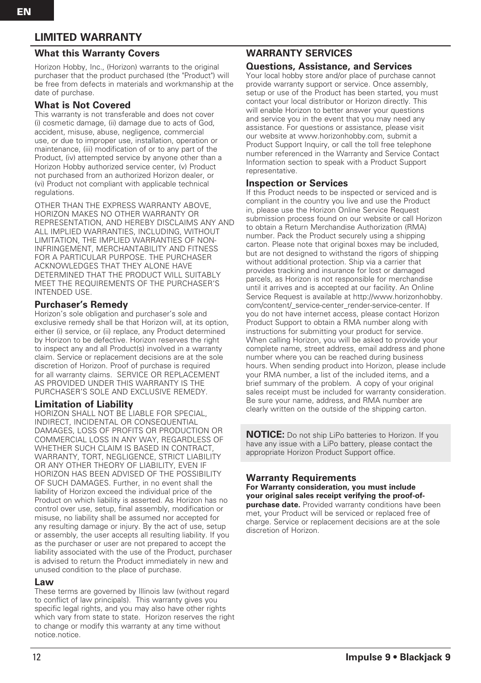 Limited warranty, Impulse 9 • blackjack 9 what this warranty covers, What is not covered | Purchaser’s remedy, Limitation of liability, Inspection or services, Notice, Warranty requirements, 12 en | Pro Boat PRB08000 User Manual | Page 12 / 17