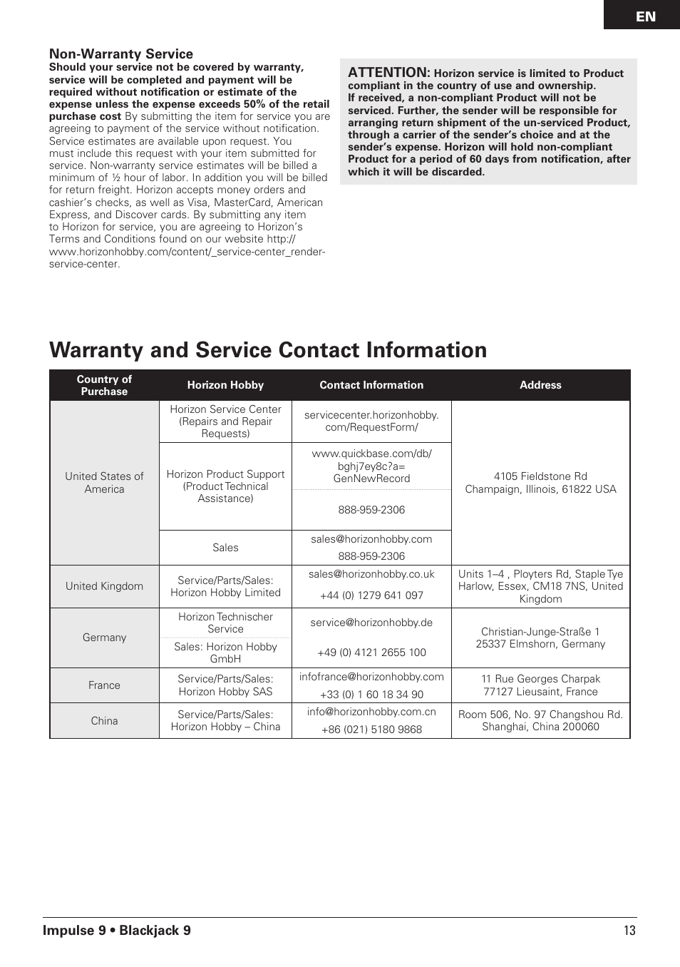 Warranty and service contact information, Impulse 9 • blackjack 9 non-warranty service, Attention | 13 en | Pro Boat PRB08000 User Manual | Page 13 / 17