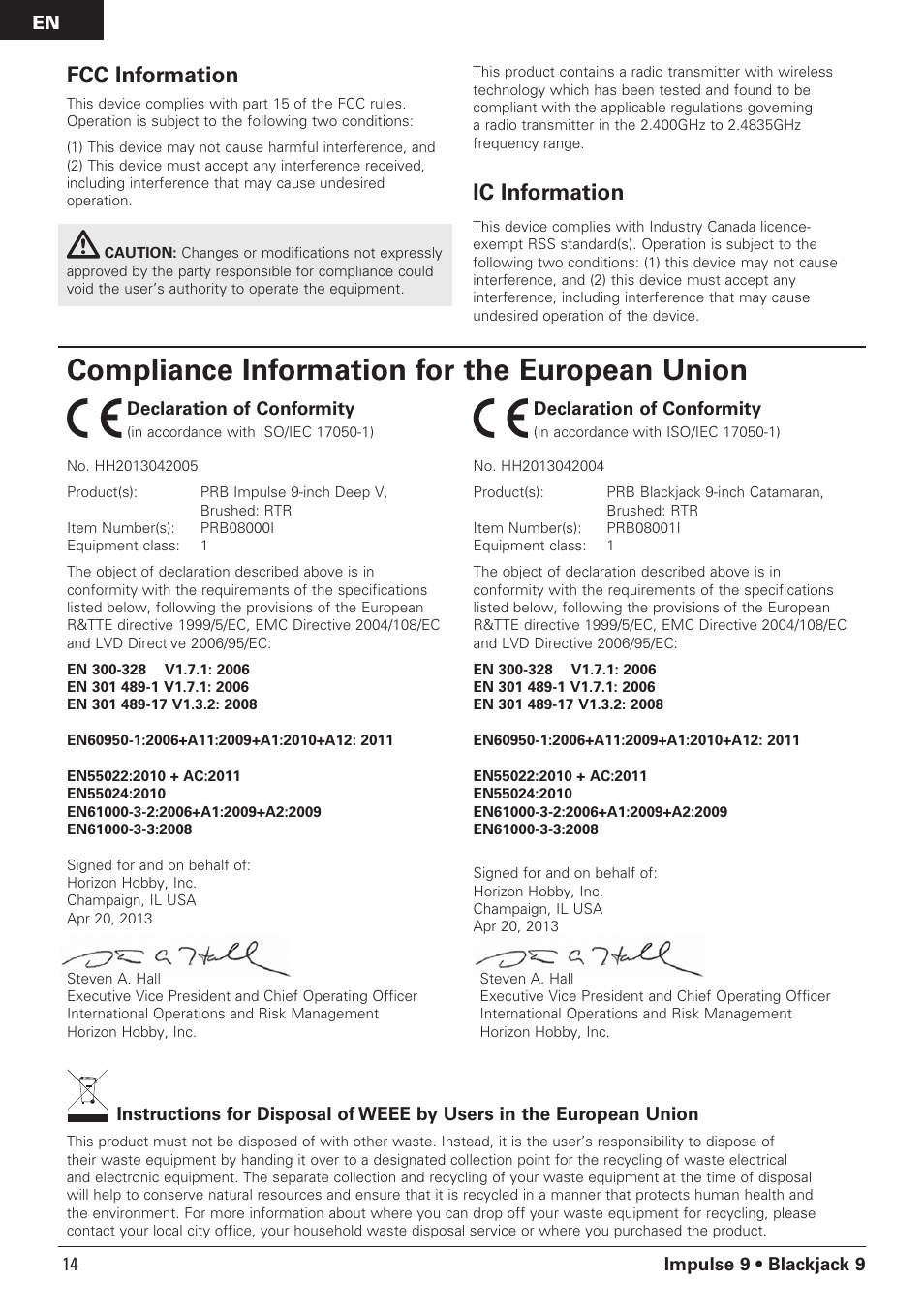 Compliance information for the european union, Fcc information, Ic information | Pro Boat PRB08000 User Manual | Page 14 / 17