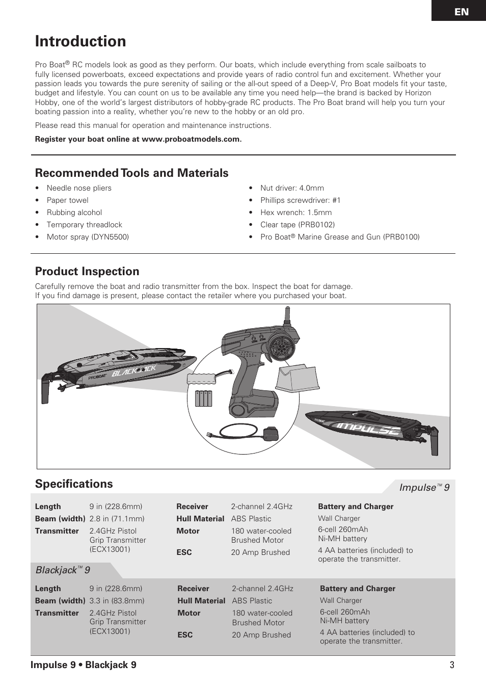 Introduction, Recommended tools and materials, Product inspection | Specifications | Pro Boat PRB08000 User Manual | Page 3 / 17