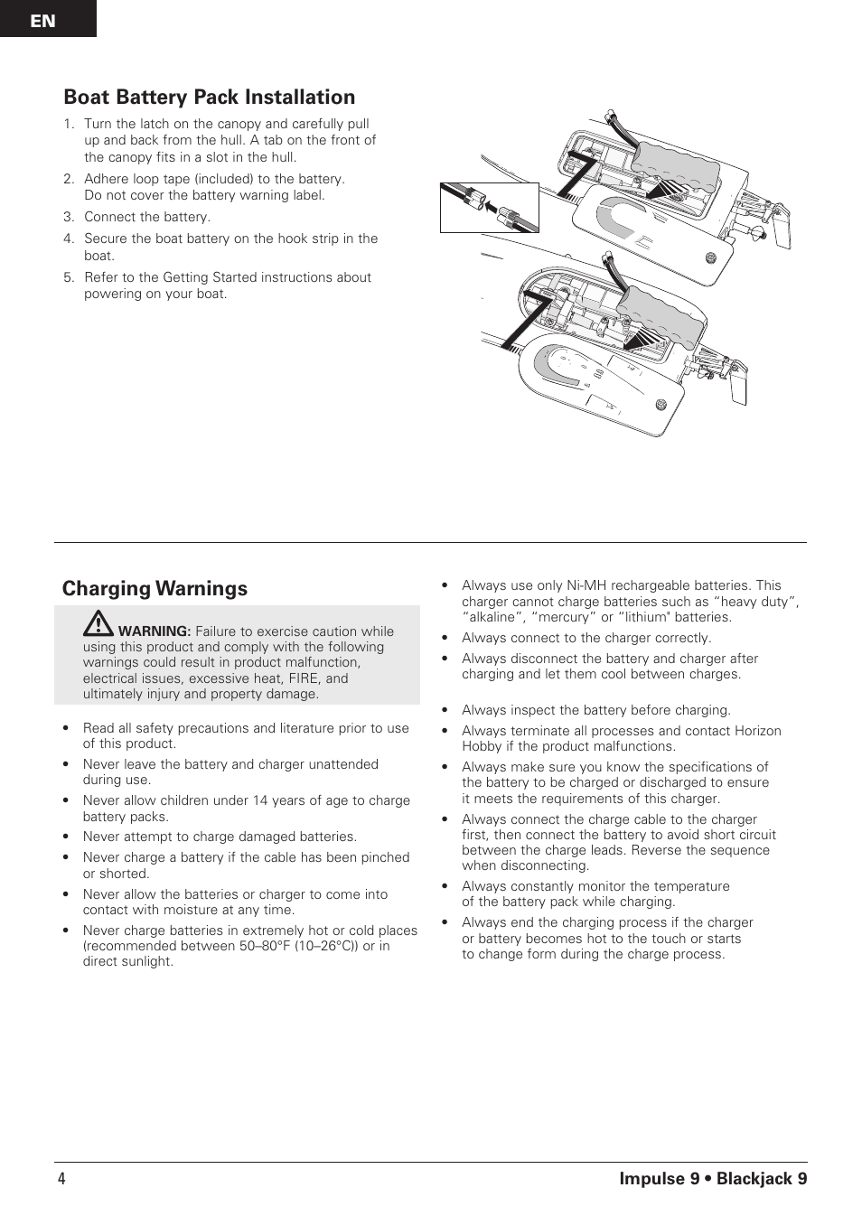 Boat battery pack installation, Charging warnings, Impulse 9 • blackjack 9 | Pro Boat PRB08000 User Manual | Page 4 / 17