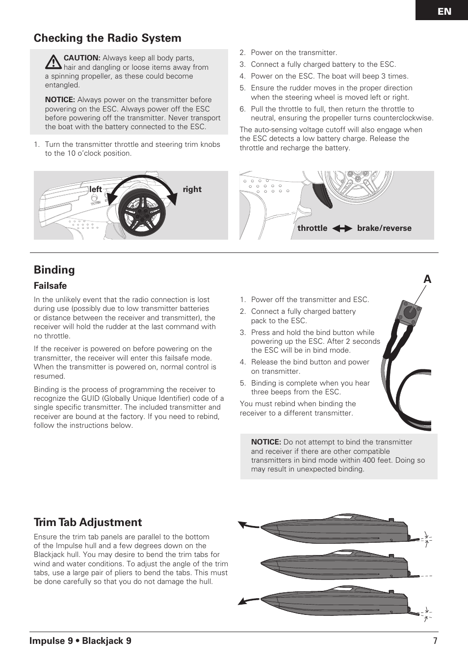 Checking the radio system, Binding, Atrim tab adjustment | Pro Boat PRB08000 User Manual | Page 7 / 17