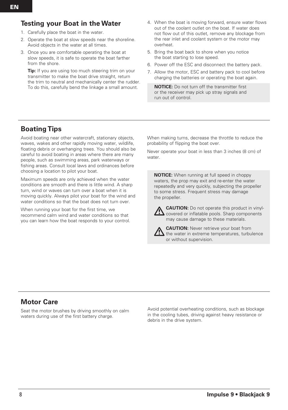 Testing your boat in the water, Boating tips, Motor care | Pro Boat PRB08000 User Manual | Page 8 / 17