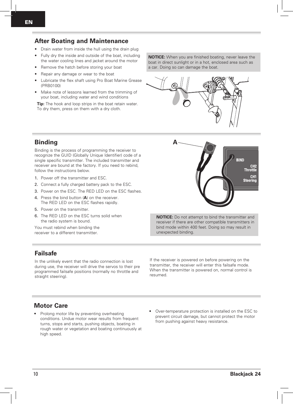 After boating and maintenance motor care, Binding, Afailsafe | Pro Boat PRB08007 User Manual | Page 10 / 16