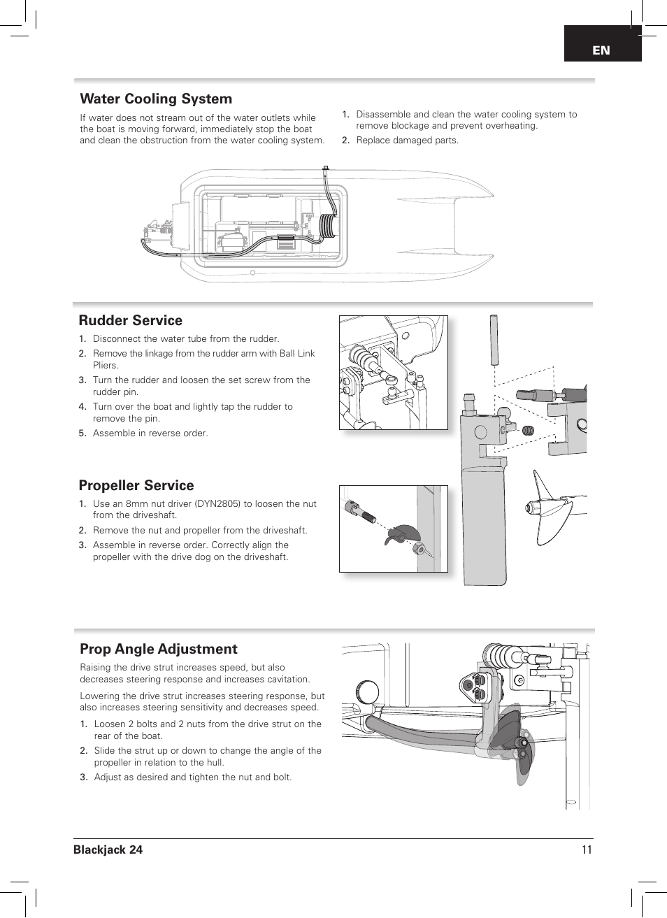 Rudder service, Propeller service, Prop angle adjustment | Water cooling system | Pro Boat PRB08007 User Manual | Page 11 / 16