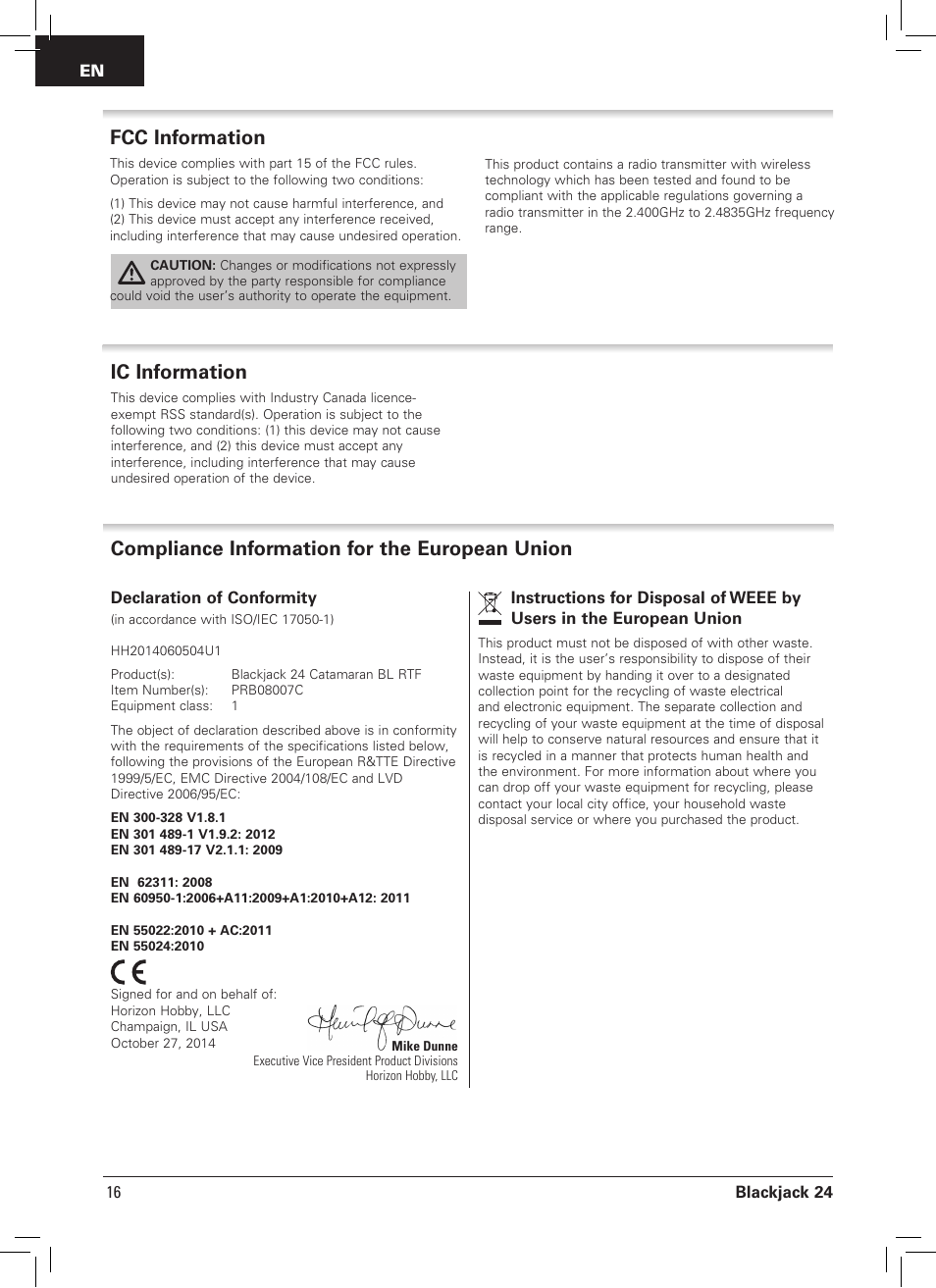 Compliance information for the european union, Fcc information, Ic information | Pro Boat PRB08007 User Manual | Page 16 / 16