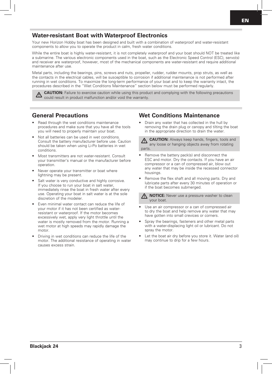 Water-resistant boat with waterproof electronics, General precautions, Wet conditions maintenance | Blackjack 24 | Pro Boat PRB08007 User Manual | Page 3 / 16
