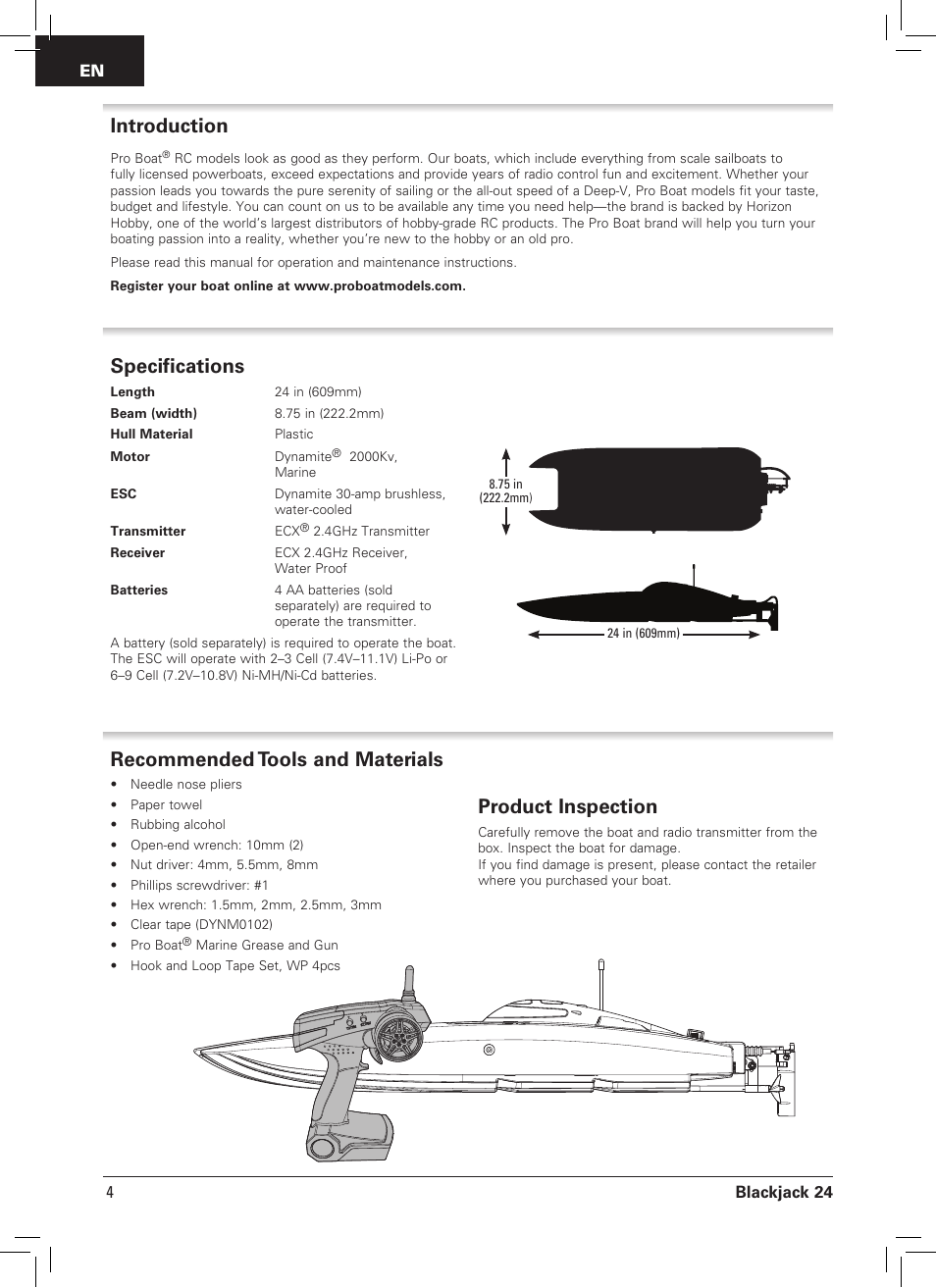 Introduction, Recommended tools and materials, Product inspection | Specifications, Blackjack 24 4 en | Pro Boat PRB08007 User Manual | Page 4 / 16