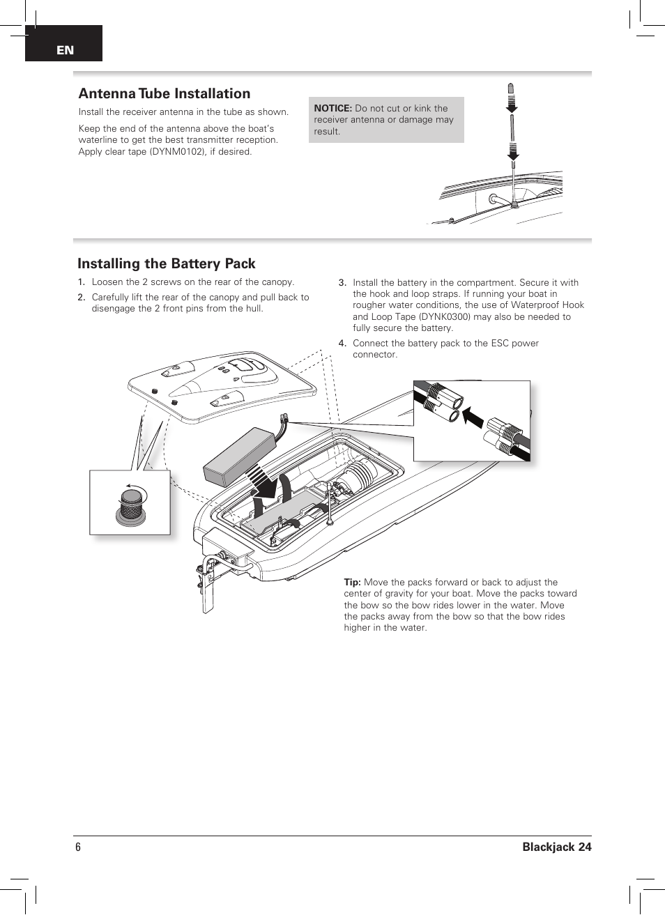 Installing the battery pack, Antenna tube installation, Blackjack 24 | Pro Boat PRB08007 User Manual | Page 6 / 16