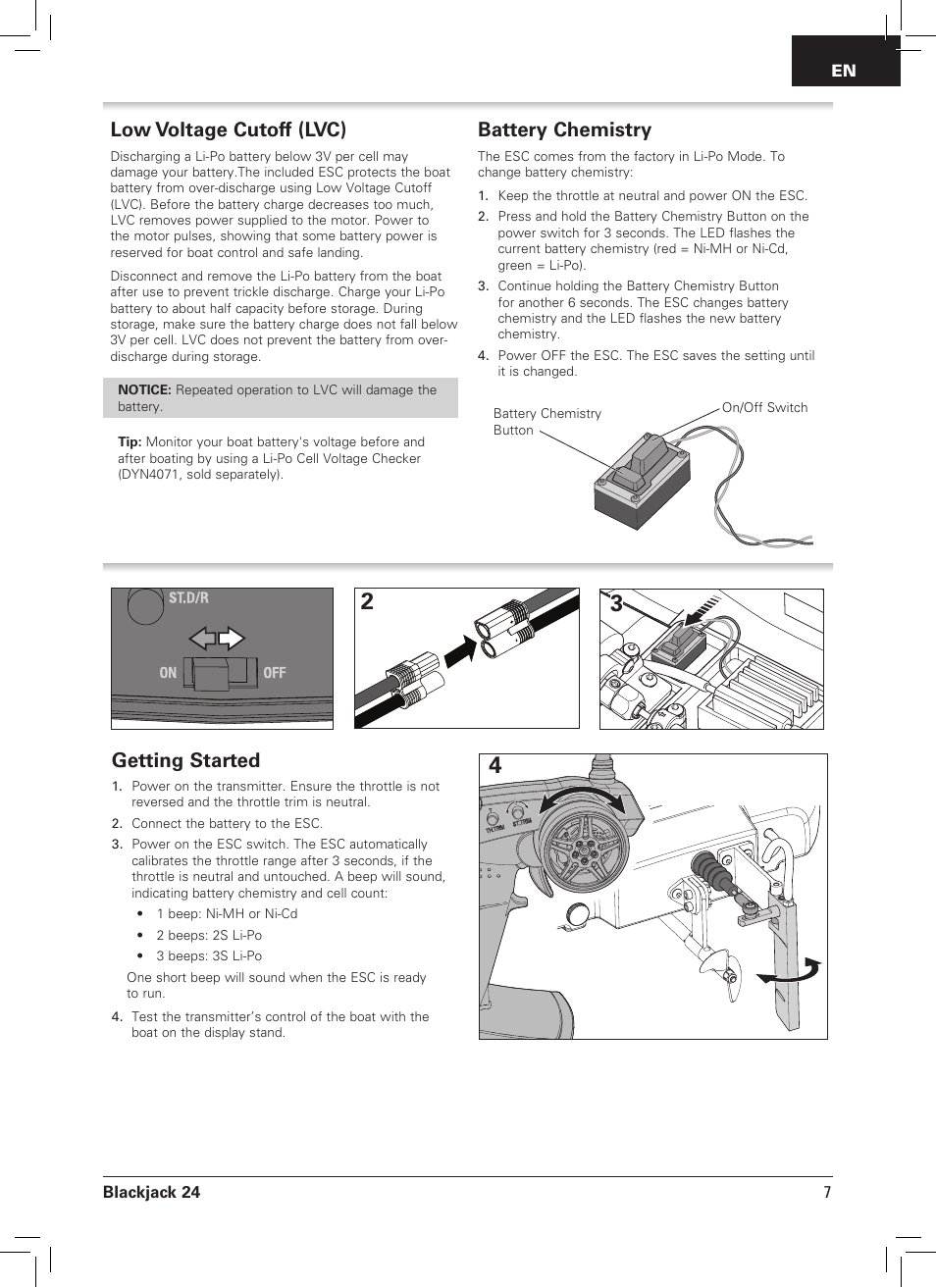 Getting started, Low voltage cutoff (lvc), Battery chemistry | Pro Boat PRB08007 User Manual | Page 7 / 16