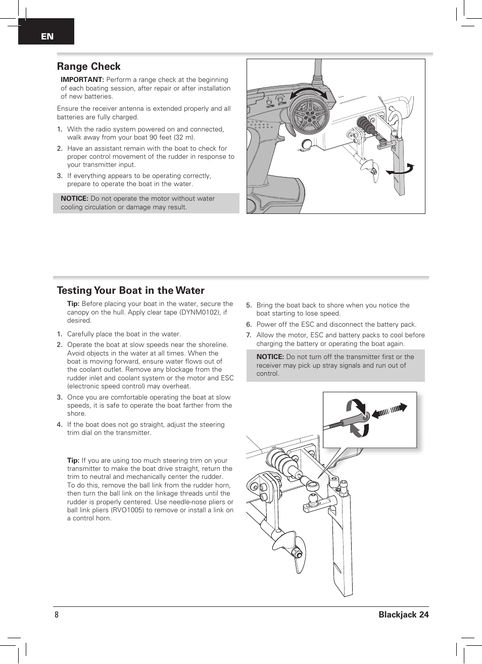 Range check, Testing your boat in the water, Blackjack 24 | Pro Boat PRB08007 User Manual | Page 8 / 16