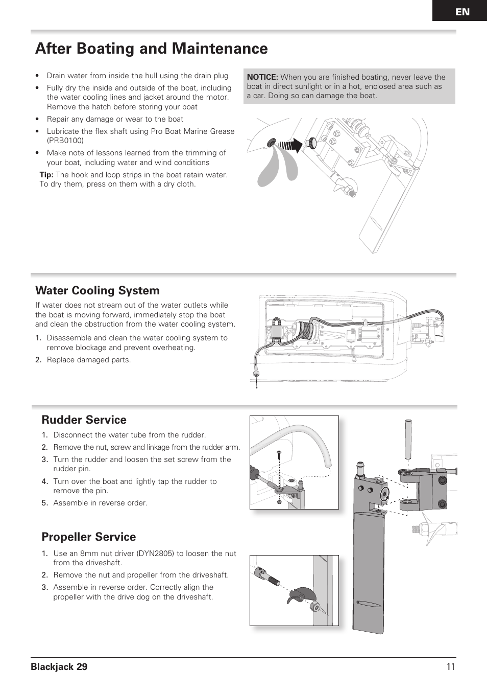 After boating and maintenance, Rudder service, Propeller service | Water cooling system | Pro Boat PRB08011 User Manual | Page 11 / 19